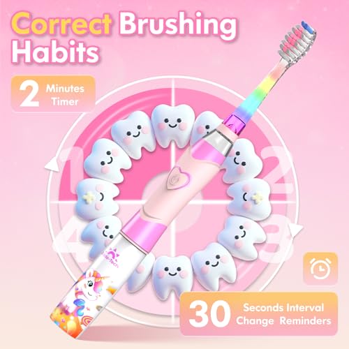 Kids Electric Toothbrush Toddler Toothbrush Age 2-4-8-12 Electric Toothbrush Kids with Timer Rainbow LED Light Up Vibrating Toothbrush Battery Operated Childrens Girls Sonic Tooth Brush (Pink Unicorn)