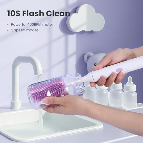 Electric Bottle Brush Cleaner Set, Bear-Shaped Travel Baby Bottle Cleaner Kit with Silicone Nipple & Straw Brush, Soap Dispenser, Drainage Rack, Storage Box(Purple)