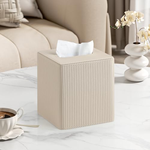 Tissue Box Cover Square with Magnetic Closure, PU Leather Tissue Box Holder for Bathroom NightStands Livingroom, Decorative Modern Square Tissue Holder (Beige)