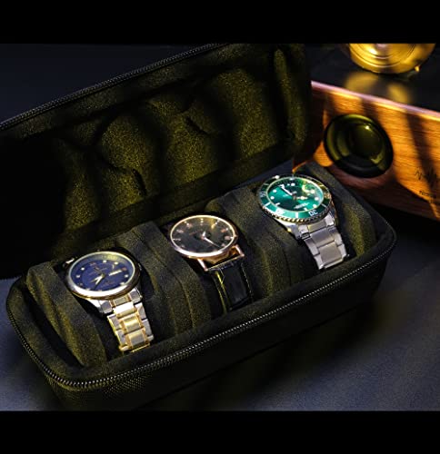 3 Slot Hard Watch Travel Case, Watch Roll Case Storage and Organizer for Men and Women, with anti-move watch pillow (Black fabric 3Slots)