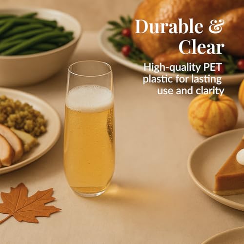 Prestee 24-Pack Stemless Plastic Champagne Flutes - 9 oz Clear Disposable Glasses for Wine, Cocktails, Mimosas - Champagne Flutes Plastic for Parties and Celebrations