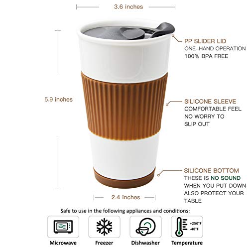 Ceramic Double Wall Insulated Travel Coffee Cup with Slider Lid, Silicone Sleeve & Built-In Coaster, 10 fl.oz (Coffee)