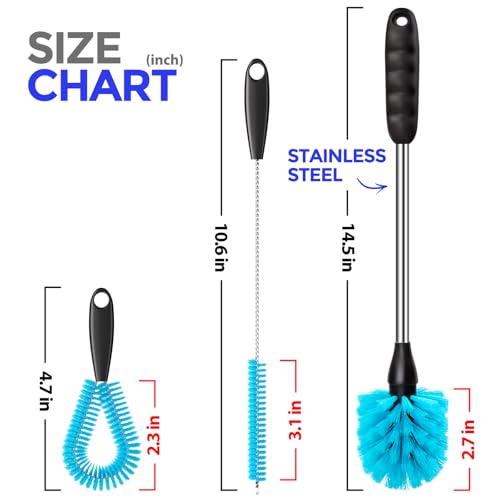 Holikme 4 Pack Bottle Brush Set, 14.5" Long Handle Stainless Steel Bottle Cleaner Brush, Long-Handled 4-in-1 Stainless Steel Bottle Brushes for Water Bottle, Cups, Abrasive Wheel Brushes, Blue