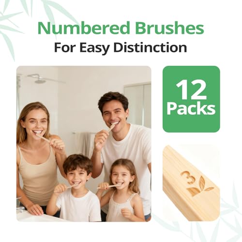 GENKENT Bamboo Toothbrushes 12 Pack Natural Toothbrushes BPA Free Soft Bristles Toothbrush Eco Friendly Charcoal Toothbrush for Travel