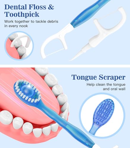 24 Pack 5-in-1 Disposable Toothbrushes with Toothpaste, Floss, Pick & Tongue Scraper, Portable Mini Toothbrush Travel Set for Kids Adults, Individually Wrapped, Work Camping, Mixed Flavor