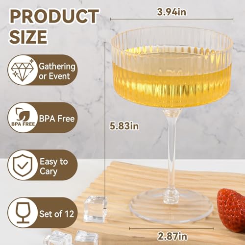 Set of 12 Plastic Martini Glasses, 10 oz Ribbed Coupe Glasses for Cocktails and Martinis, Disposable Espresso Martini Glasses. Ideal for Parties, Weddings, and Home Bars, Crystal Vintage Cups (Clear)