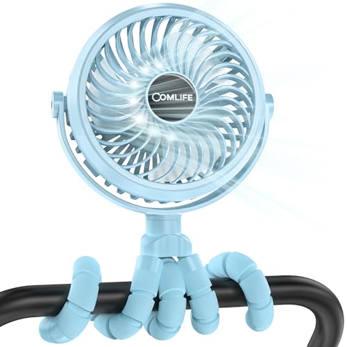 COMLIFE Baby Stroller Fan With Light, Rechargeable Battery Operated, Max 10Hrs Cooling, 3 Speeds, 360° Rotate USB Desk Fan, Flexible Tripod Clip On Fan for Stroller Car Seat Crib Treadmill Golf Cart
