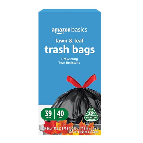 Basics 39 Gallon Lawn & Leaf Heavy Duty Drawstring Trash Bags, 20% Post Consumer Recycled, 40 Count, Black