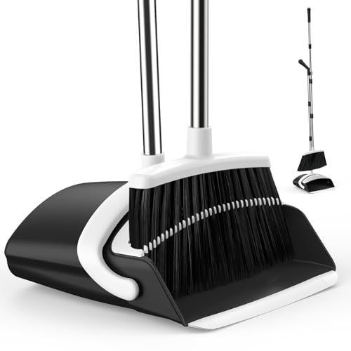 Broom and Dustpan Set for Home, 51-in Long Adjustable Handle Angle Broom and Dustpan Combo Set with Dust Pan Teeth to Clean Hair for Home Kitchen Office Lobby Floor Garden (Black&White)