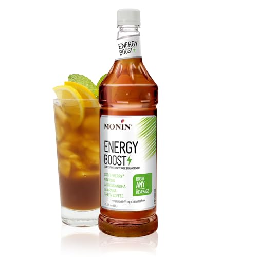 Monin - Energy Boost, Liquid Energy, Subtle Tea Flavor, Zero Added Sugar, Great for Coffee, Soda, & More, Low-Calorie, Contains Natural Caffeine, Gluten-Free, Clean Label (1 Liter + Pump)