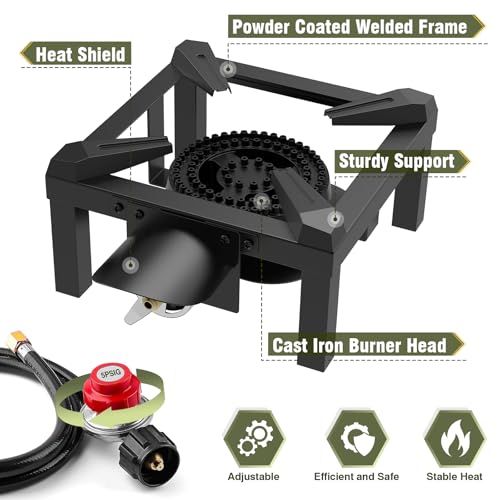 BESTFIRE Propane Burner, 100,000 BTUs High Pressure Single Propane Stove - Heat Shield and Guard, 4.1ft Adjustable Hose with Regulator, Gas Stove for Outdoor Cooking, Turkey Fry, Seafood Boil