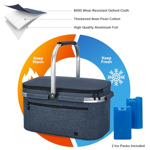 ALLCAMP Picnic Basket - 2 Ice Box Included 32L Insulated Cooler, Thickening Foldable Picnic Basket with Removable Baskets & Sewn-in Frame, Basket for House Warming Gifts New Home(Blue)