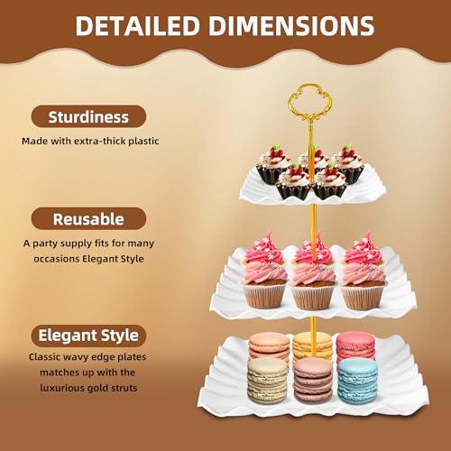 10 Pack Dessert Table Display Set - 4 x Three-Tier Square Cupcake Stands and 6 x Serving Trays, Elegant Tableware for Cakes, Cupcakes, Pastries, and Snacks, Perfect for Parties (White)