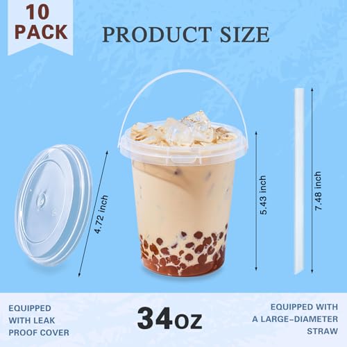 10 Pack 34oz Plastic Cups with Lids and Straws, Disposable Iced Coffee Cups with Lids,Sturdy & Food Safe Drink Buckets for Cold/Hot Drinks,Smoothies, Fruit Drinks Cups Summer Beverages,Bar/Beach Party