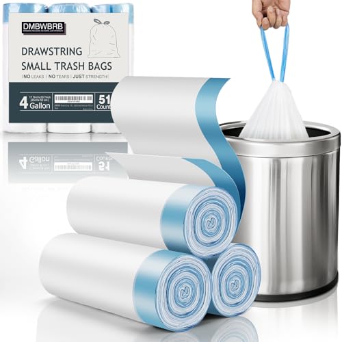 Drawstring 4 Gallon Trash Bag 51 Counts, Tear-Free & Leakproof Small Trash Bags, Unscented Small Garbage Bags, 15 Liter Mini Wastebasket can Liners for Bathroom Bedroom Office