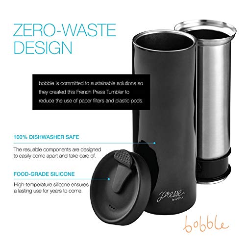 bobble French Coffee Presse, On-The-Go use, Quick Brew, Slim Design, Triple Wall Insulation, 14 oz (Stainless Steel)