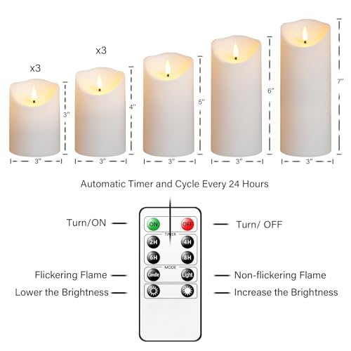 Nimiko Flameless Candles with Remote, Battery Operated Flickering Flameless Candles, LED Candles with Timer 2/4/6/8H, with Realistic LED Candles Set