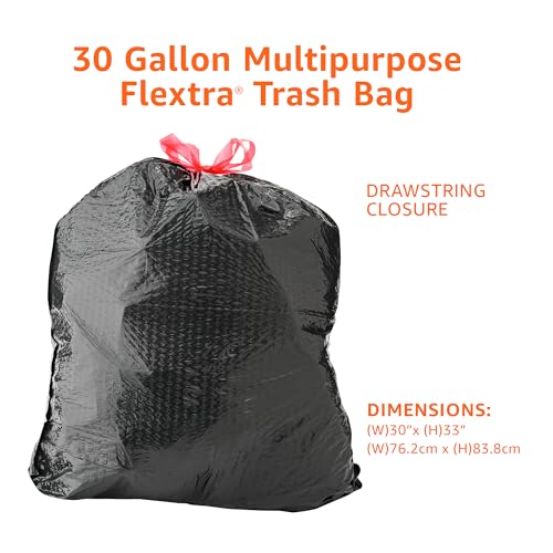Basics Flextra Multipurpose Drawstring Trash Bags, 30 Gallon, 50 Count, Tear Resistant
