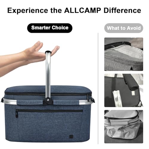 ALLCAMP Picnic Basket - 2 Ice Box Included 32L Insulated Cooler, Thickening Foldable Picnic Basket with Removable Baskets & Sewn-in Frame, Basket for House Warming Gifts New Home(Blue)