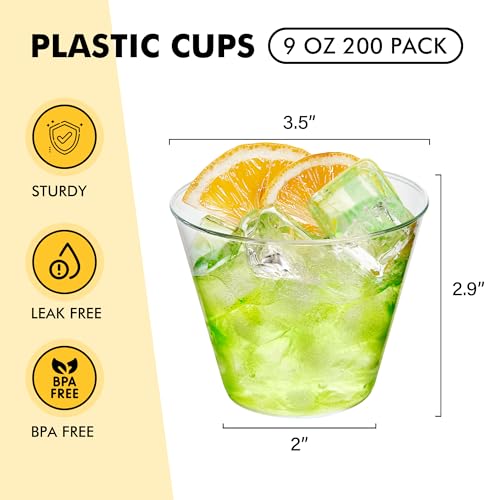 RACETOP 200 Pack 9 oz Clear Plastic Cups for Party, Disposable Clear Cup, Disposable Cups, Wine Glasses Cups, Plastic Cocktail Glasses