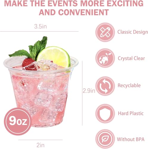 BYSNOW 250 Pack 9 oz Clear Plastic Cups, Disposable Cups for Party, Sturdy & Food Safe Plastic Wine Cups for Cocktail, Juice, Punch (9oz 250pack)