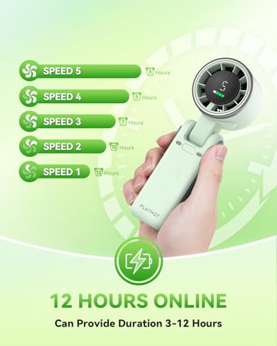 PlayHot Portable Handheld Turbo Fan, 5 Gear Wind, Battery Operated, Up to 12 Working Hours, 3 IN 1 Hand Fan with Air Turbo Tech Cooling Fans for Outdoor Activities, Travel, Beach (Green)