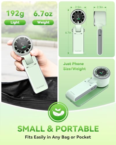PlayHot Portable Handheld Turbo Fan, 5 Gear Wind, Battery Operated, Up to 12 Working Hours, 3 IN 1 Hand Fan with Air Turbo Tech Cooling Fans for Outdoor Activities, Travel, Beach (Green)