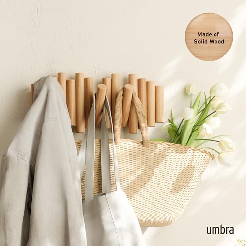 Umbra Picket Coat Rack Wall Mount – 5 Flip-Down Wood Coat Hooks, Modern & Functional Storage, Easy Install Wall Hooks, Natural