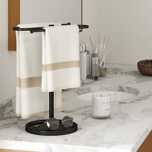 Towel Holder Stand, Stainless Steel Hand Towel Holder Rack for Bathroom Countertop, S-Shape Free Standing Towel Bar Holds 2 Towels for Kitchen Countertop, Black