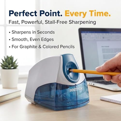 Bostitch Office Electric Pencil Sharpener for Classroom & Desk Use, Heavy-Duty Stall-Free Motor, High-Capacity Shavings Tray, Blue