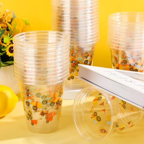Uiifan 50 Pcs Construction Cups Construction Birthday Party Supplies 12 oz Theme Plastic Cups Disposable Dump Truck Traffic Glasses for Home Birthday Party Favors Supplies Decoration(Stylish)