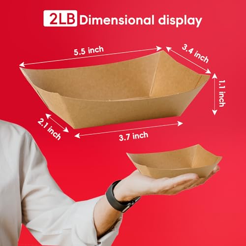 JOLLY CHEF 2lb Paper Food Trays, 100 Pack Disposable Paper Boat, Serving Boats, Food Holder Trays for Snacks French Fries Nachos Hot Dog Tacos BBQ Party