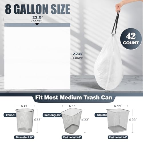 Drawstring 8 Gallon Trash Bags - 42 Count Pre-separated Medium Trash Bags 8 Gallon, White Unscented 8 Gal Garbage Bags