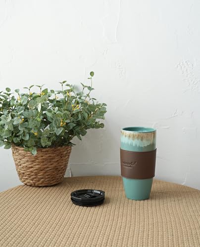 Bosmarlin Ceramic Travel Coffee Cup with Lid, 21 oz, Portable Coffee Mug for Car Cup Holder, Microwave Safe, Reactive Glaze (Peacock Blue)