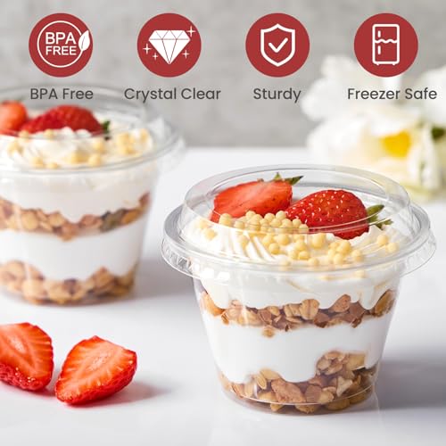 50 Pack 6 oz Plastic Dessert Cups with Lids, Small Plastic Yogurt Parfait Cups, Mini Round Party Serving Cup for Pudding, Fruit, Cake, Appetizer, Dessert Shot Glasses