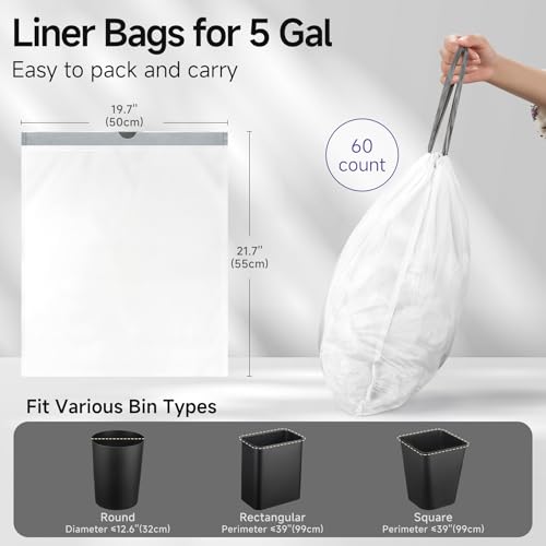TIPGO 5 Gallon Trash Bags Drawstring, Pre-Cut Strong Wastebasket Bin Liners, White Garbage Bags for Home, Office, Bathroom (Code E, 60 Count)