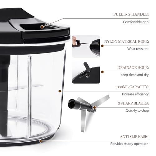 LHS Manual Food Processor Large Vegetable Chopper, 1000ML Pull String Chopper Garlic Mincer Onion Cutter for Veggies,Salad,Fruits, Nuts, BPA Free, Black