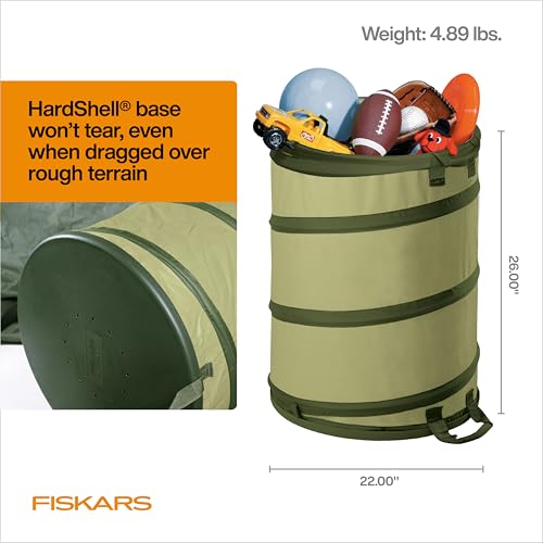 Fiskars Kangaroo Collapsible Garden Bag with Heavy Duty Hardshell Bottom for Yard Waste, 30 Gallon Reusable Container for Lawn Care and Gardening