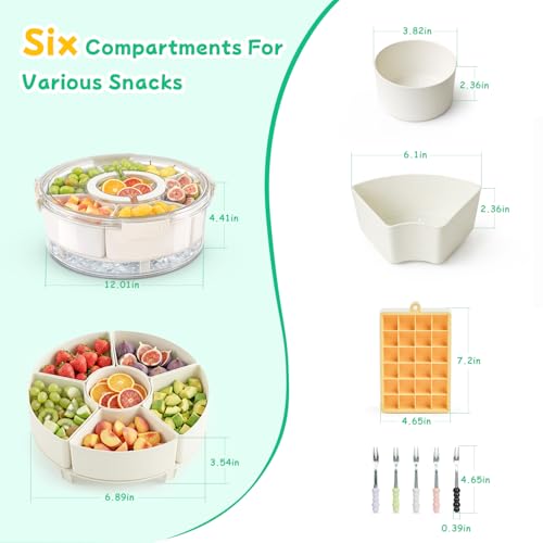 Divided Serving Tray with Lid and Handle, Rounded Snackle Box with 6 Compartments and Chill Base for Fruits, Candy, Veggie, Travel Snack Container with Portable Insulated Bag & Ice Cube Tray & 5 Forks