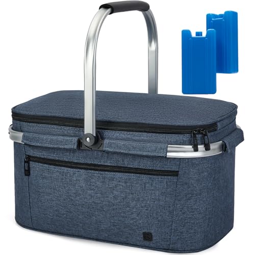 ALLCAMP Picnic Basket - 2 Ice Box Included 32L Insulated Cooler, Thickening Foldable Picnic Basket with Removable Baskets & Sewn-in Frame, Basket for House Warming Gifts New Home(Blue)