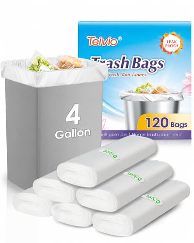 Teivio Small Trash Bags 4 Gallon 120 Counts Garbage Bags, Bathroom Trash Can Bin Liners, Small Plastic Bags for home office kitchen, fit 12-15 Liter, 3,3.5,4.5 Gal, Clear