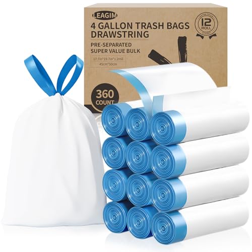 Small Trash Bags 4 Gallon, 360 Count -1.2 Mil Drawstring Mini Garbage Bags, White Plastic Trash Can Liners for Bathroom Accessories, 15 Liter, Bedroom, Dorm Room Essentials, Office