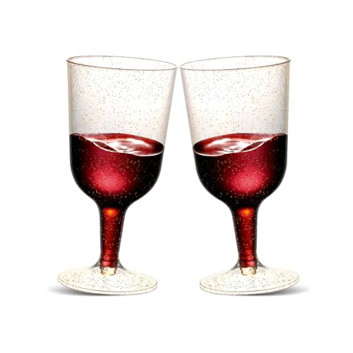 TENYASEN 30 Pack 6oz Plastic Wine Glasses – Disposable Gold Glitter Mini Stemware with Removable Base for Weddings, Parties, Champagne, Toasting