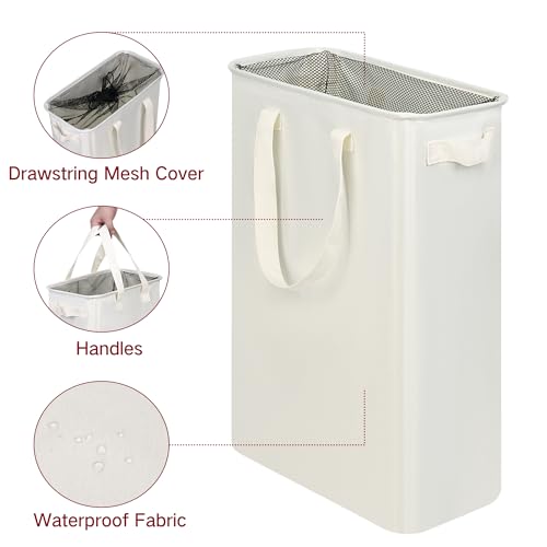 efluky Slim Laundry Basket, Narrow Laundry Hamper with Handles, Collapsible Dirty Clothes Hamper, Tall Laundry Bin for Laundry Room, Dorm and Bedroom, 12.7 Gallons(48L) Beige
