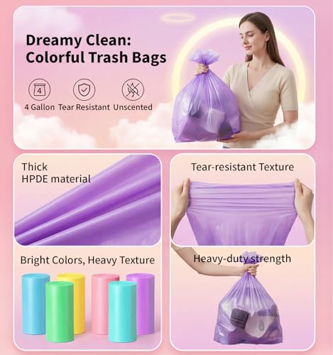 150 Count 4 Gallon Small Trash Bags - Colored Bathroom Garbage Bags Unscented Leak-proof, 15 Liter Plastic Wastebasket Can Liners for Office Bedroom Toilet and Car