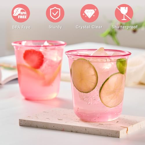 50 Pcs Pink Plastic Cups, 12oz Disposable Stemless Wine Glasses Pink Cocktail Party Cups for Graduation, Meeting, Wedding, Birthday Party