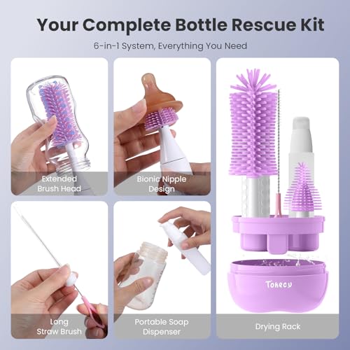 Electric Bottle Brush Cleaner Set, Bear-Shaped Travel Baby Bottle Cleaner Kit with Silicone Nipple & Straw Brush, Soap Dispenser, Drainage Rack, Storage Box(Purple)