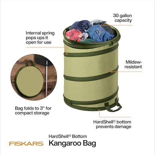 Fiskars Kangaroo Collapsible Garden Bag with Heavy Duty Hardshell Bottom for Yard Waste, 30 Gallon Reusable Container for Lawn Care and Gardening