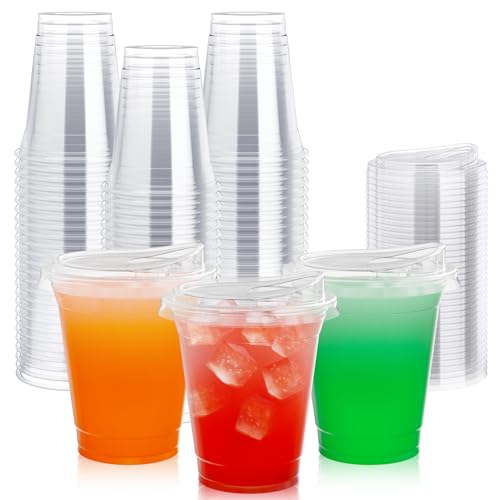 [100 PACK] 12 oz Clear Plastic Cups With Strawless Sip Lids, Disposable Plastic Cups With Sip Through Lids for Ice Coffee, Smoothie, Slurpee, or Any Cold Drinks