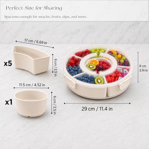 Divided Serving Tray with Lid - Snack Tray - Snack Box - Portable Snackle Box Organizer for Fruit, Salad, Chips & Dip - Lazy Susan Platter with Handle for Parties, Road Trips, Kids & Charcuterie